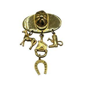 Equestrian Theme Pin Brooch Horseshoe Helmet Boots Horse Gold Tone Metal